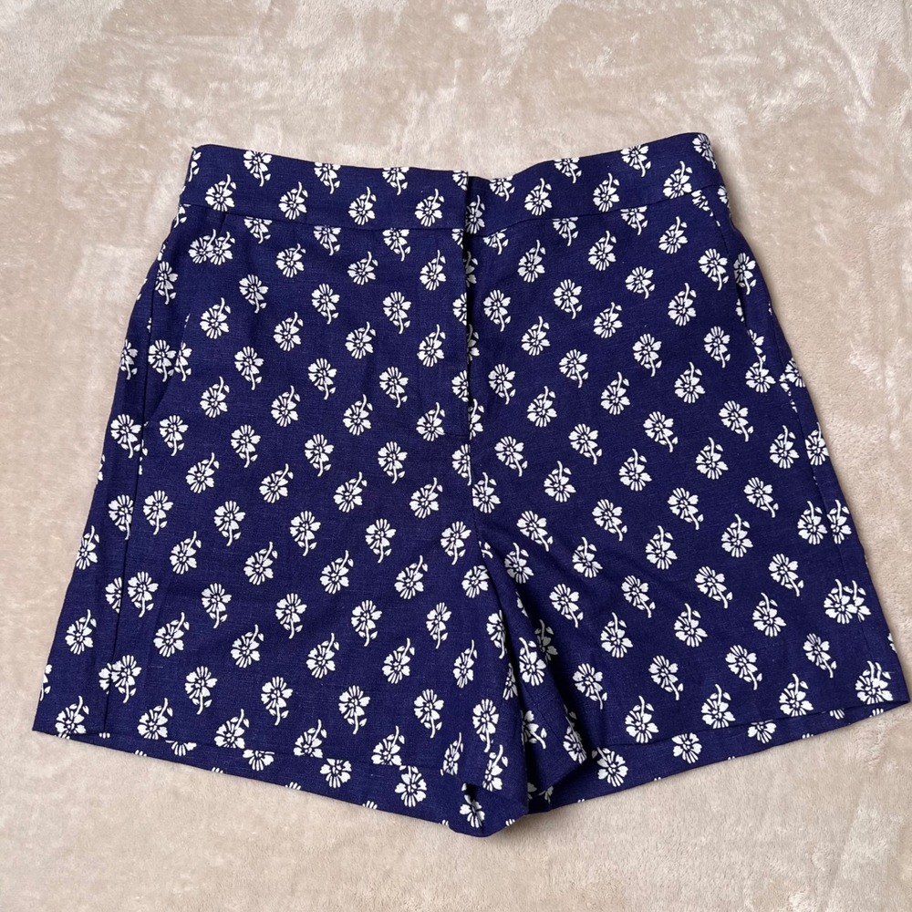 J.Crew Floral Linen Blend Shorts Womens 0 Navy Blue Resort Coastal EUC - Picture 2 of 7